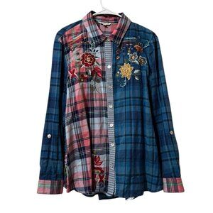 John Mark Women Size Large Button Down Floral Embroidered Flannel Boho Peasant